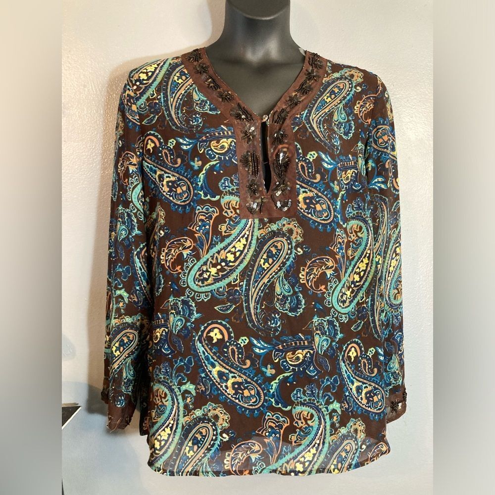 White Stag brown paisley sheer blouse